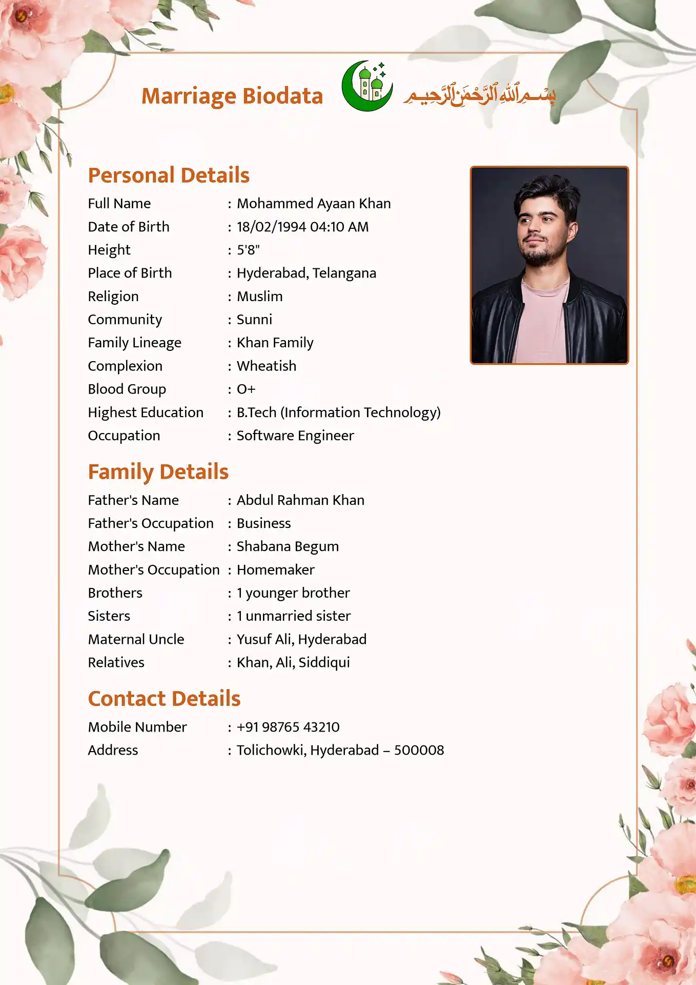 Abstract Orange Nikah biodata template